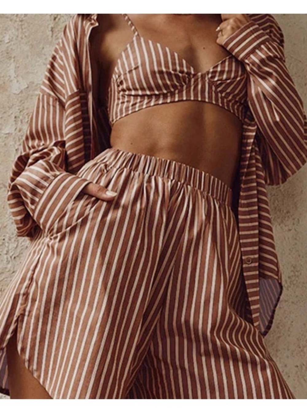NWOT•Commense Brown & White Striped Satin Three-Piece Set•XL
